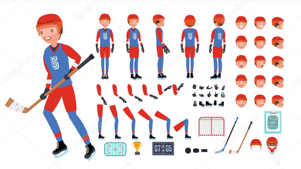 Ice Hockey Player Vector. Animated Character Creation Set. Ice Hockey Tools And Equipment. Full Length, Front, Side, Back View, Accessories, Poses, Face Emotions. Isolated Flat Cartoon Illustration