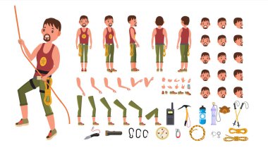Kaya tırmanışçısı erkek vektör. Animasyonlu karakter oluşturma küme. Profesyonel dağ tırmanma adam tam uzunlukta, ön, yan, arka görünümü, aksesuarlar, pozlar, yüz duygular. Düz çizgi film illüstrasyon izole