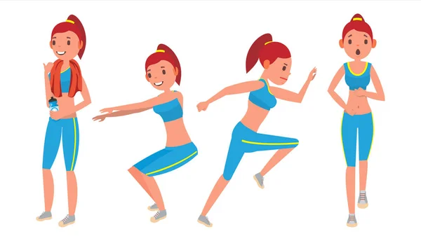 Fitness Girl Vector. Prêt. Vues diverses. Aérobie et exercices. Entraînement complet du corps. Femme Fitness. Illustration de dessin animé plat — Image vectorielle