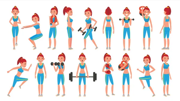 Chica Fitness Vector. Poses diferentes. Ejercicios para la gente gorda. Concepto de estilo de vida saludable. Mujer Fitness. Ilustración de personajes de dibujos animados blancos aislados — Vector de stock