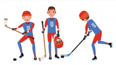 Klasik buz hokeyi oyuncusu vektör. Ayarlayın. Rekabet oyun kavramını. Beyaz çizgi film karakteri illüstrasyon izole