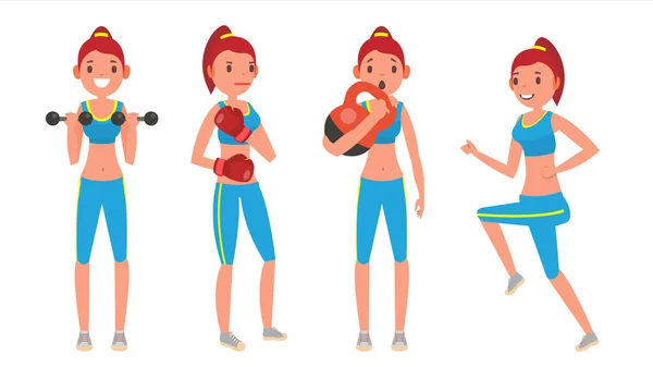 Fitness Girl Vector. Prêt. Entraînement moderne avec étirement, poids. Mode de vie sain. Illustration de personnage de bande dessinée — Image vectorielle