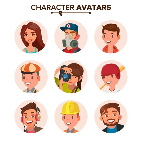 Gente Avatares Set Vector. Cara, emociones. Personajes predeterminados Avatar Placeholder Collection. Dibujos animados, ilustración aislada plana de arte cómico — Vector de stock