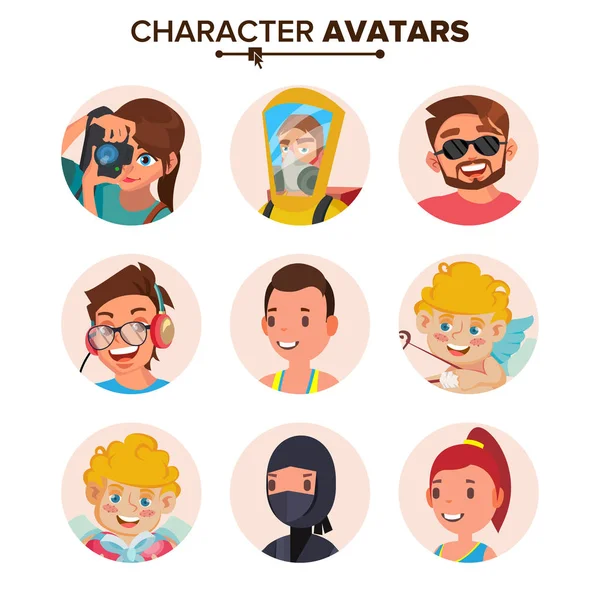 Karakter emberek Avatar meghatározott vektor. Arc, érzelmek. Alapértelmezett Avatar helyőrző gyűjtemény. A karikatúra, képregény művészet lapos elszigetelt illusztráció — Stock Vector