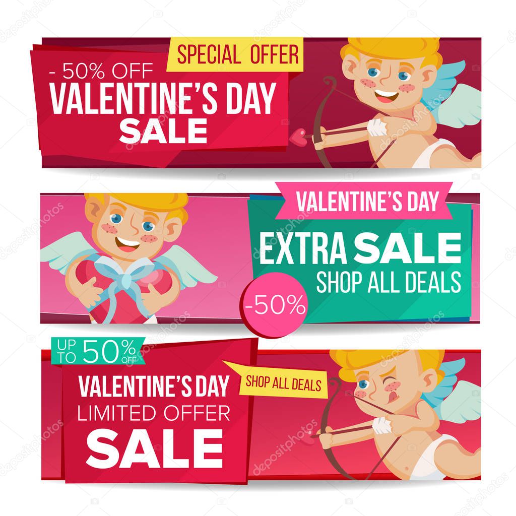 Valentine s Day Sale Banner Set Vector. February 14 Cupid. Valentine Online Shopping. Horizontal Discount Banners. Love Promo Sale Banner Tag. Romantic Price Offer Labels. Isolated Illustration