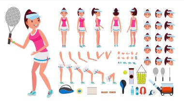 Tenis oyuncu kadın vektör. Animasyonlu karakter oluşturma küme. Tenis oyuncu kız, kadın. Tam uzunluk, ön, yan, arkadan görünüm, aksesuarlar, yüz duygular, jestler. Düz çizgi film illüstrasyon izole