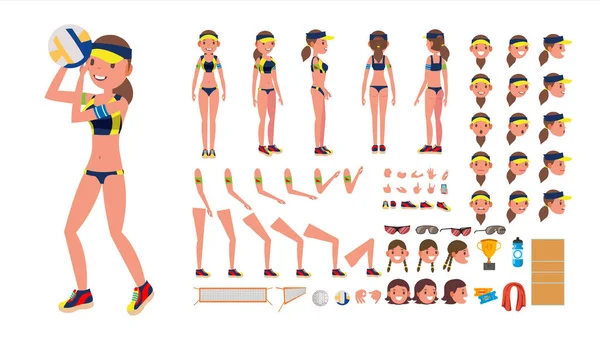 Giocatore di pallavolo Vettore. Beach Volley Femminile Sport. Set di creazione di personaggi animati. Full Length, Front, Back View, Accessori, Posizioni, Emozioni facciali, Gesti. Illustrazione del fumetto piatto isolato — Vettoriale Stock