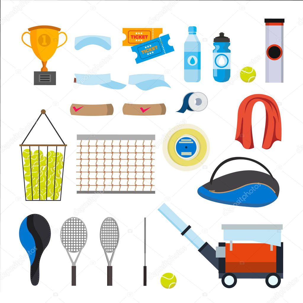 Tennis Icons Set Vector. Tennis Accessories. Yellow Ball, Racket, Net, Pouch. Isolated Flat Cartoon Illustration
