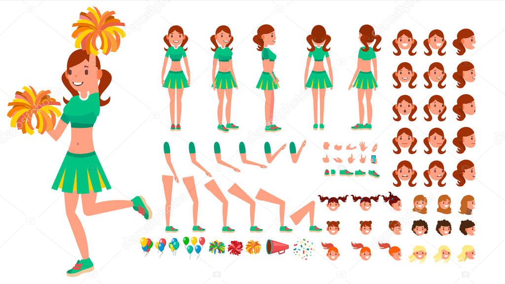Cheerleader Girl Vector. Animated Character Creation Set. Sport Fan Dancing Cheerleading Woman. Full Length, Front, Side, Back View, Accessories, Poses, Face Emotions, Gestures. Isolated Flat Cartoon 