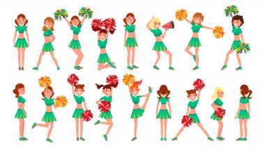 High-School Profession Cheerleading Teams Vector. In Action. Fans Girls Dancing With Pompoms. Jumping And Dancing Together. Cartoon Character Illustration
