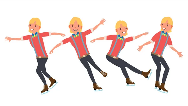 Hombre atleta patinaje artístico. Patinador de hielo Vector. Atletas Deportes de Invierno. En acción. Synchron Dancer. Poses diferentes. Ilustración plana aislada del carácter de la historieta — Archivo Imágenes Vectoriales