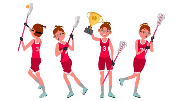 Women s lacrosse Vector. Lacrosse Practice. Teammates. Aggressive Women s player. Professional Athlete. Isolated Flat Cartoon Character Illustration — Stock Vector