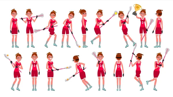 Lacrosse Girl Vector. Apanha a bola. Correr. Colegas em Poses Diferentes. Competições Desportivas. Desenhos animados Personagem Ilustração — Vetor de Stock