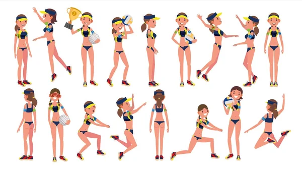 Vetor do jogador de vôlei de praia da mulher. Campeonato Desportivo Pessoas. Posição diferente. Desenhos animados Personagem Ilustração — Vetor de Stock