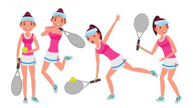 Profesyonel tenis oyuncusu vektör. Yaz spor. Oyuncular tenis raketi ile eğitim. Beyaz çizgi film karakteri illüstrasyon izole