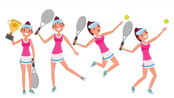 Jogador de Tênis Vetor. Jovens e saudáveis. Jogadores praticando com raquete de tênis. Ilustração de desenhos animados plana — Vetor de Stock