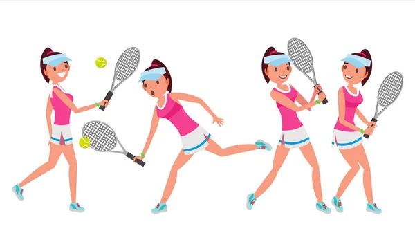 Teniszezőnő Player vektor. Nő nagy tenisz Sport atléta. Különböző pózok. Karikatúra karakter illusztráció — Stock Vector