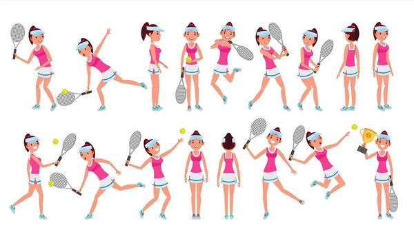 Kadın tenis oyuncu vektör. Topla oynamayı. Farklı pozlar. Eylem. Düz çizgi film illüstrasyon — Stok Vektör