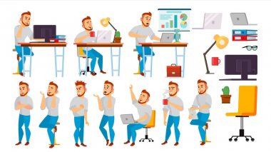 İş karakter vektör. Çalışma insanlar kümesi. Çevre süreci. Office, yaratıcı stüdyo. Tam uzunlukta. Programcı, tasarımcı, Yöneticisi. Farklı pozlar, yüz duygular. Çizgi film karakteri illüstrasyon