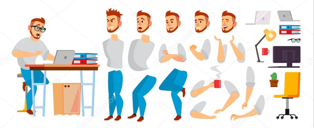 Business Character Vector. Working Male. Environment Process In Office Or Creative Studio. Set For Animation. Full Length. Programmer, Designer, Manager. Poses, Face Emotions, Gestures. Isolated Flat 