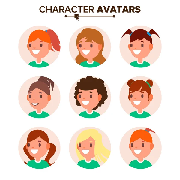 Chica personaje Avatar Set Vector. Cara de mujer, emociones. Default Female Avatar Placeholder Collection. Dibujos animados, Comic People Art Flat Ilustración aislada — Archivo Imágenes Vectoriales