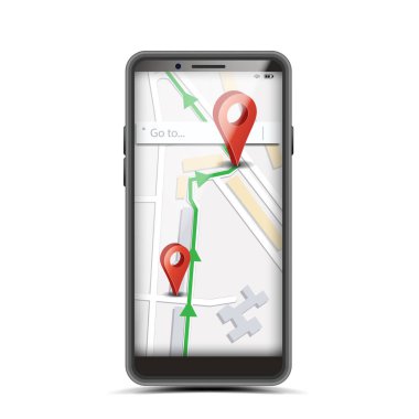 GPS App kavramı vektör. Smartphone ekranında kablosuz Navigator harita Internet Web Application ile. İzole illüstrasyon