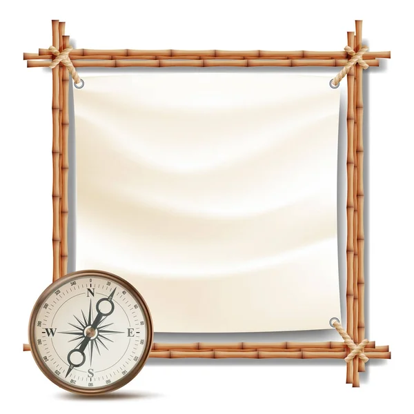 Bambusový rám s kompasu vektoru. Tropický Letní dobrodružství koncept. Izolované ilustrace — Stockový vektor