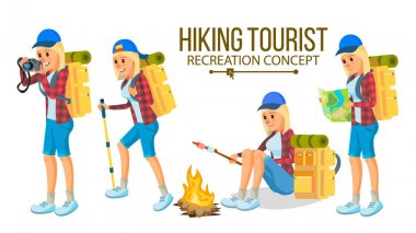 Kadın vektör hiking. Dağlar'da yürüyüş. Doğa, tatil Maceraları. Düz çizgi film karakteri illüstrasyon izole