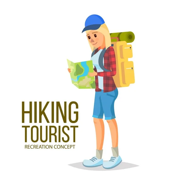 Hiking Girl Vector. Llevar un estilo de vida saludable. Desplazamiento. Ilustración plana de dibujos animados — Vector de stock