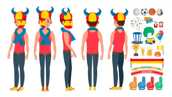 Team Supporter Man Vector. Young Man With Flags And Accessories Fans. Fan Rooter Buff. In Action. Isolated Flat Cartoon Character Illustration
