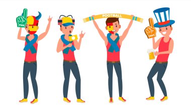 Spor takımı vektör destekleyen bir adam. Farklı pozlar. İnsanlar futbol, futbol, hokey tribünde alan. Eylem. Düz çizgi film illüstrasyon