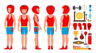 Professional Boxer Boxing Vector. Boxer Champion On Arena. Different Poses. Isolated Flat Cartoon Character Illustration clipart