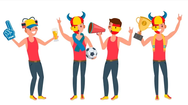 Sport ondersteuning Team Vector. Jongens Fans juichen voor Team. Verschillende Poses. Cartoon karakter illustratie — Stockvector