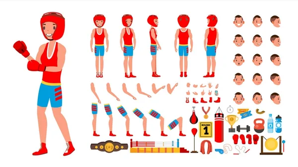 Vector de jugador de boxeo. Animated Character Creation Set. Luchador Deportista Hombre. Longitud completa, Frente, Lateral, Vista trasera, Accesorios, Poses, Emociones de la cara, Gestos. Ilustración plana aislada de la historieta — Archivo Imágenes Vectoriales