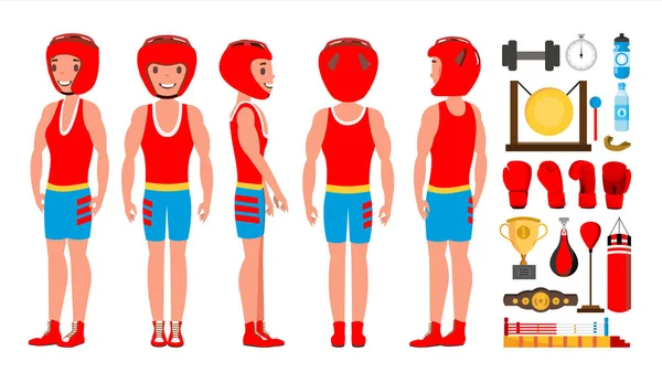 Vector de boxeo boxeador profesional. Campeón de Boxeo en Arena. Poses diferentes. Ilustración plana aislada del carácter de la historieta — Vector de stock