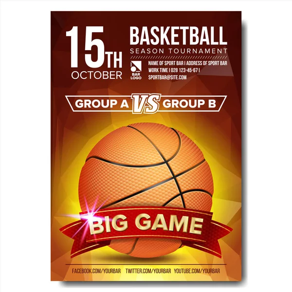 Affiche vectorielle de basket-ball. Balle de basket. Conception pour la promotion de barre de sport. Basketball Academy Flyer. Invitation Illustration — Image vectorielle