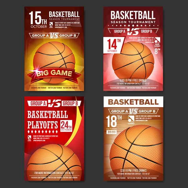 篮球海报集向量。体育酒吧推广设计。篮球球。现代锦标赛。体育赛事公告。横幅广告。模板插图 — 图库矢量图片