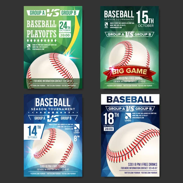 Beyzbol Poster Set vektör. Spor Bar promosyon için tasarım. Beyzbol topu. Modern turnuva. Spor olay duyuru. Banner reklam. Şablon çizimi — Stok Vektör