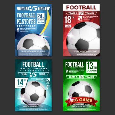 Futbol Poster Set vektör. Spor Bar promosyon için tasarım. Futbol topu. Modern turnuva. Spor olay duyuru. Banner reklam. Şablon çizimi