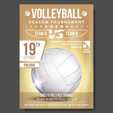 Voleybol Poster vektör. Banner reklam. Kum plaj. Spor olay duyuru. A4 boyutunda. Oyun, lig tasarım. Şampiyonluk etiket illüstrasyon