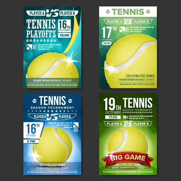 Tennis-Plakatset Vektor. Design für die Förderung von Sportbars. Tennisball. Modernes Turnier. Sport-Event-Ankündigung. Banner-Werbung. Etikettenschablone — Stockvektor