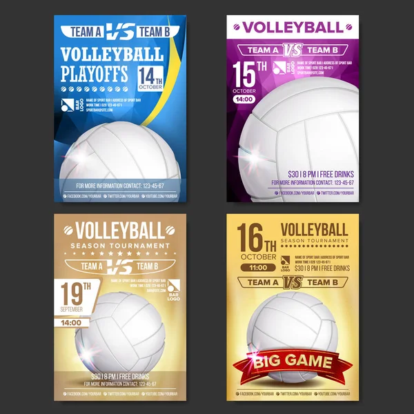 Pallavolo Poster Set Vector. Progettazione per la promozione della barra di sport. Pallavolo e pallavolo. Torneo Verticale Moderno Annuncio evento sportivo. Pubblicità banner. Illustrazione modello — Vettoriale Stock