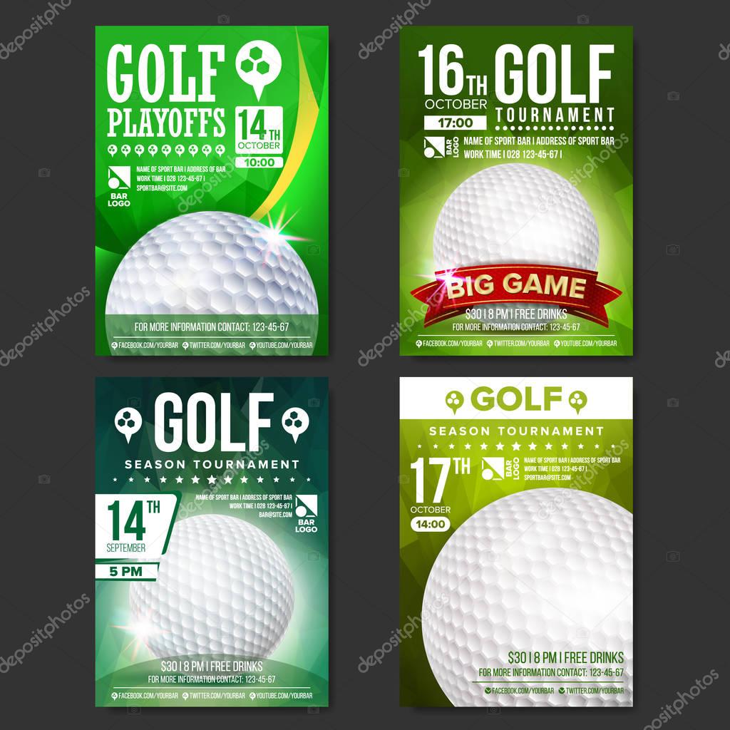 Golf Poster Vector. Design For Sport Bar Promotion. Golf Ball. Modern Tournament. A4 Size. Championship Golf League Flyer Template. Game Illustration