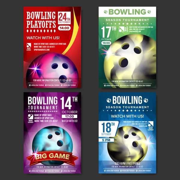 Bowling Poster Set Vector. Progettazione per la promozione della barra di sport. Bowling Ball. Torneo moderno. Annuncio evento sportivo. Pubblicità banner. Campionato modello Illustrazione — Vettoriale Stock