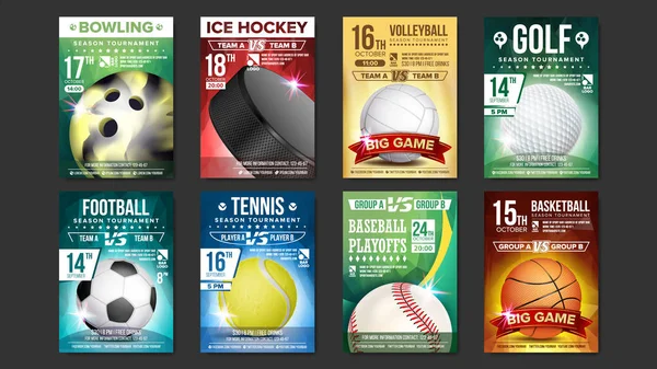 Αθλητικές αφίσες που διάνυσμα. Γκολφ, μπέιζμπολ, χόκεϊ επί πάγου, μπόουλινγκ, τένις, ποδόσφαιρο, μπάσκετ, ποδόσφαιρο. Κάθετο σχέδιο για την προώθηση του αθλητισμού μπαρ. Τουρνουά Flyer. Εικονογράφηση πρόσκληση Συλλόγου — Διανυσματικό Αρχείο