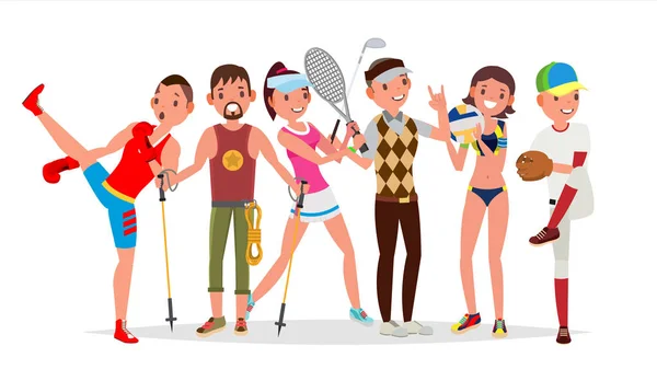 Summer Sports Vector. Set Of Players In Boxing, Hiking, Basketball, Volleyball, Golf, Baseball. Isolated Flat Cartoon Illustration — Stock Vector