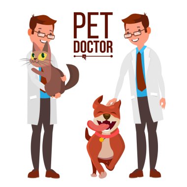 Veteriner erkek vektör. Köpek ve kedi. Tıp hastane. Evde beslenen hayvan doktor. Sağlık Kliniği kavramı. Düz çizgi film illüstrasyon izole