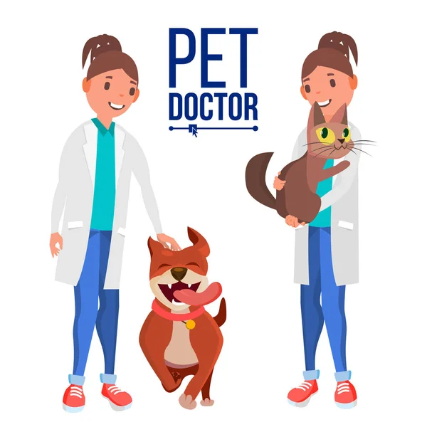 獣医師女性ベクトル。犬と猫。動物のためのクリニックです。ペットの医師、看護師。野生では、家畜の治療。フラットの漫画イラストを分離 — ストックベクタ