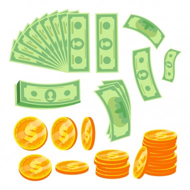 Para kavramı vektör. Kağıt dolar ve altın. Çeşitli açılardan. Düz çizgi film illüstrasyon izole