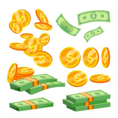Banknot vektör paket. Para yığını. Dolar yığını. Yüzlerce dolar. Düz çizgi film illüstrasyon izole